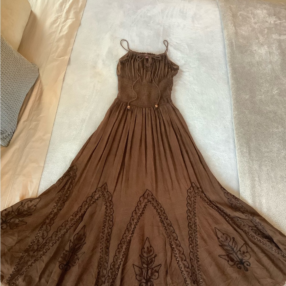 Chic Brown Adjustable Halter Maxi Dress with Embroidered Details